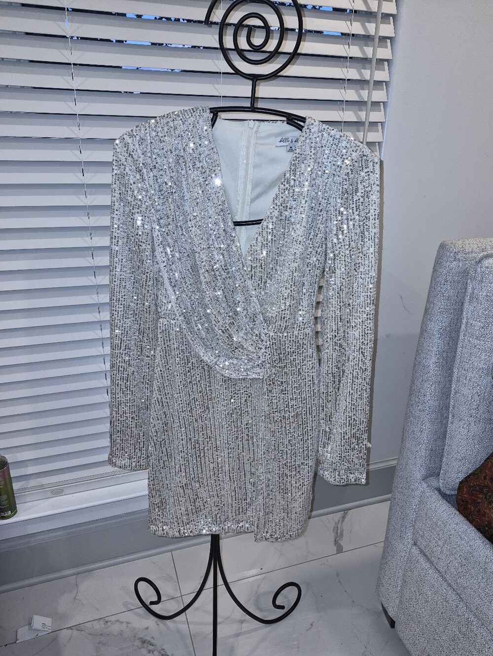 Silver Sequin Draped V-Neck Mini Dress
